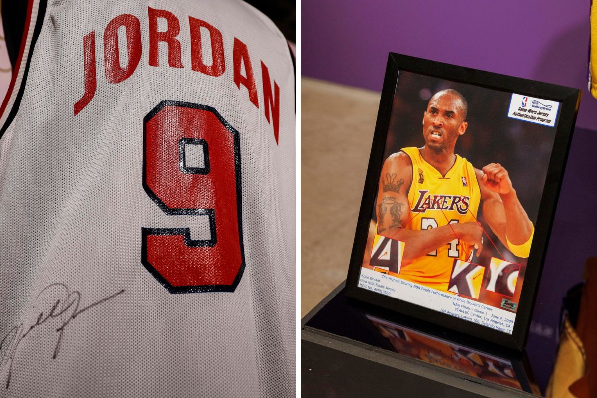 Una maglia di Michael Jordan e una foto di Kobe Bryant